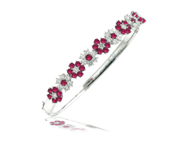 18K White Gold Ruby and Diamond Flower Bangle