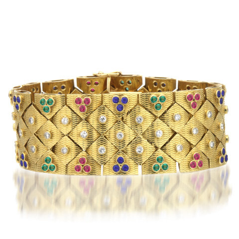 18K Y/G CARTIER RUBY, EM, SAPP, DIA BRACELET