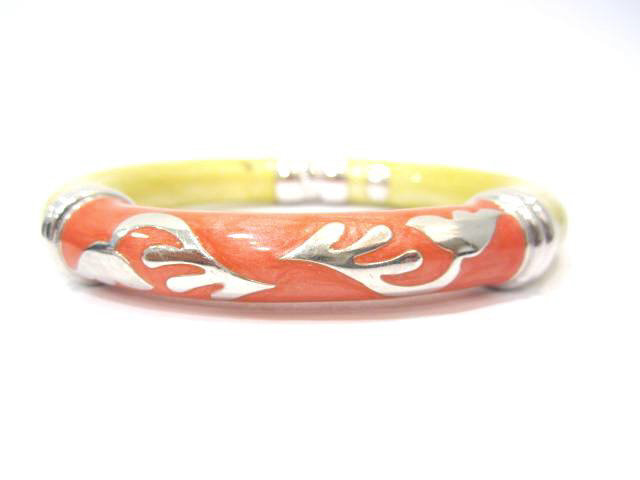 Sterling Silver, Coral and Mustard Green Enamel Bangle