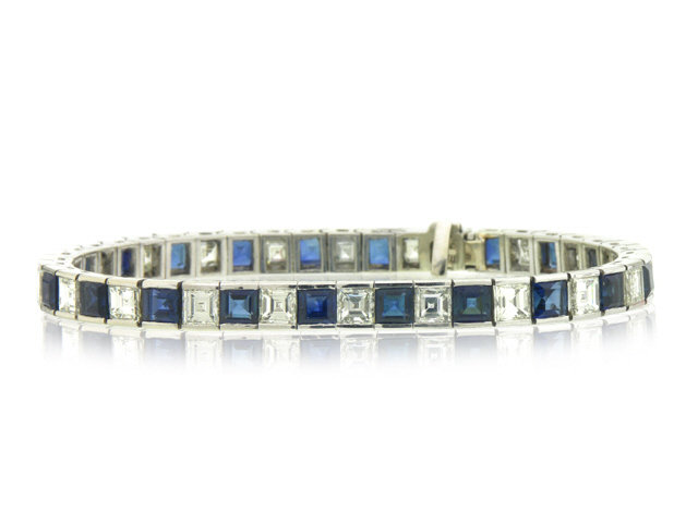 18K White Gold Blue Sapphire and Diamond Bracelet with