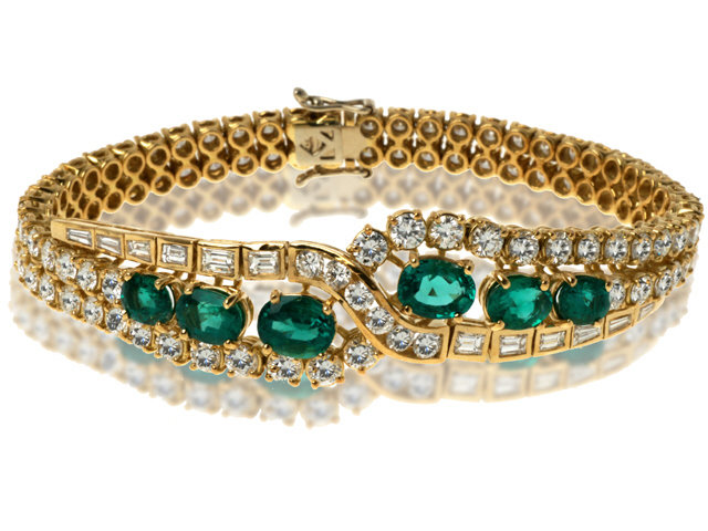 18K Yellow Gold Emerald and Diamond Bracelet