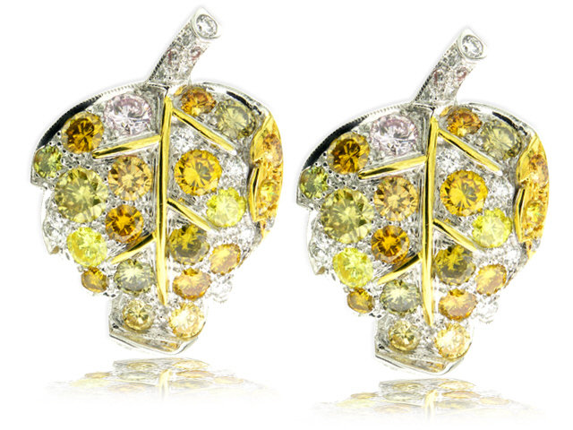 18KW FANCY COLOR & WHITE DIAMOND LEAF EARRINGS