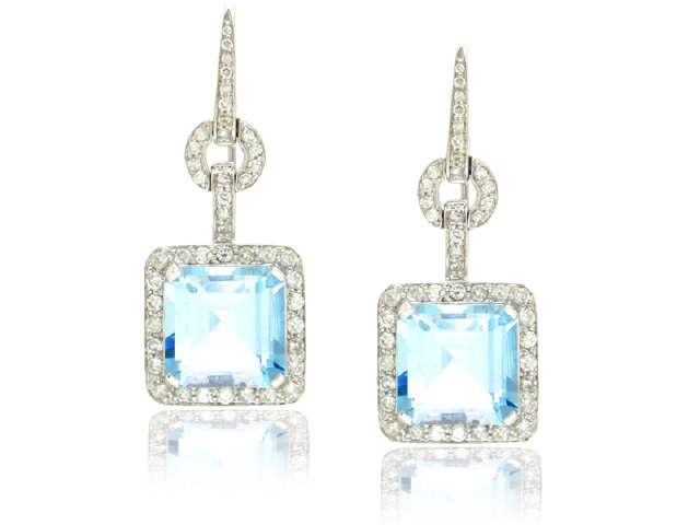 18K W/G DIAMOND & BLUE TOPAZ DANGLE EARRINGS