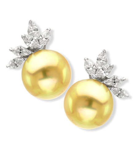 18K W/G S.S GOLDEN PEARL 14.6MM & DIAMOND EARRINGS