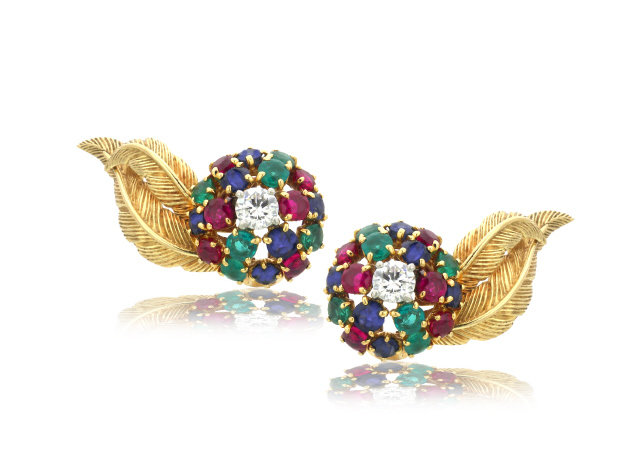 18K Y/G CARTIER RUBY, EM, SAP, DIA CLIP EARRINGS