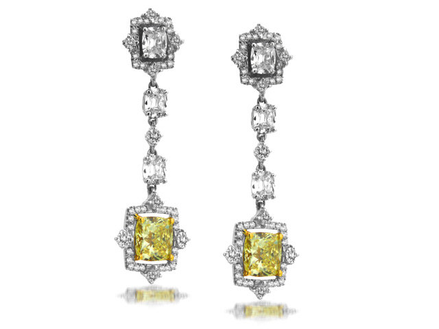 PLATINUM & 18K Y/G YELLOW CUSHION CUT DIAMOND EARRINGS
