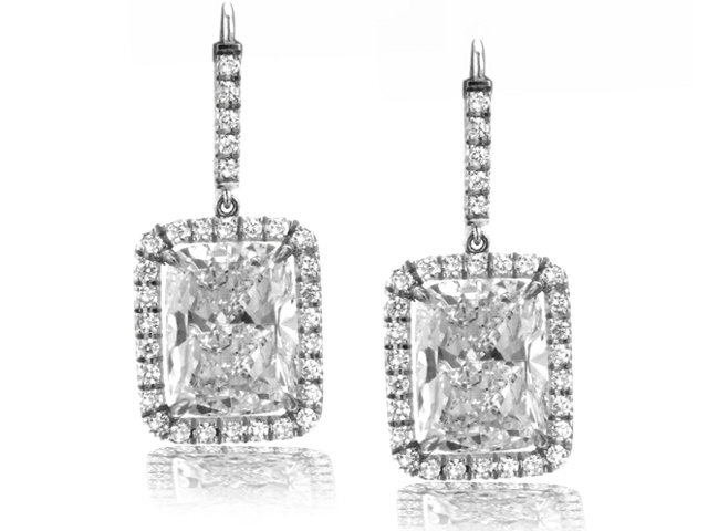 PLATINUM RADIANT CUT DIAMOND DANGLE EARRINGS