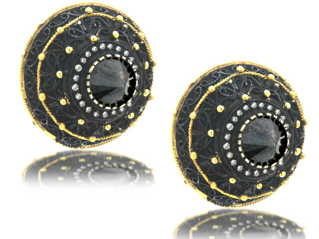 18K Y/G & BLACKENED SILVER BLACK DIAMOND EARRINGS