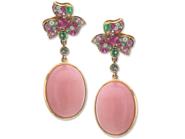 18K Y/G DIAMOND & COLOR STONE FLOWER DANGLE EARRINGS