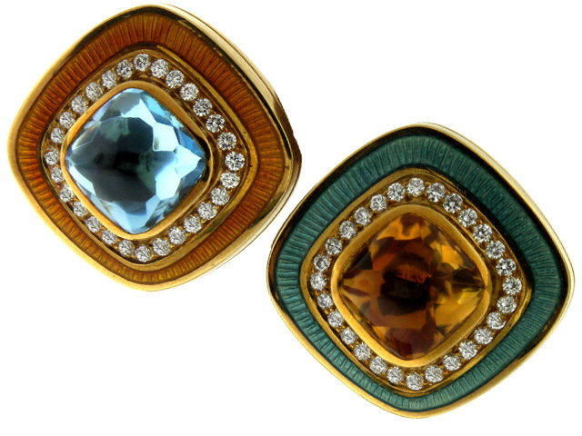 18K Yellow Gold Blue Topaz,Citrine, Diamond Earrings