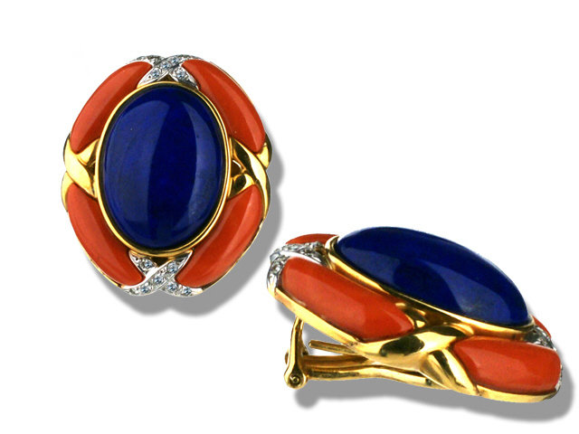 18K Y/G LAPIS CORAL + DIAMOND EARRINGS + RING SET