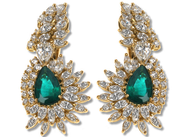 18K Yellow Gold Emerald and Diamond Earrings
