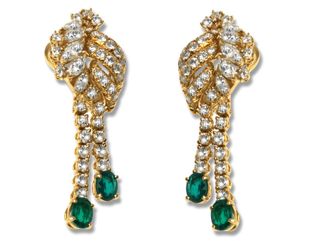 18K Yellow Gold Emerald and Diamond Earrings