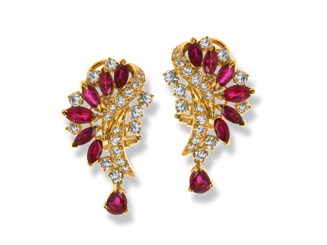 18K Yellow Gold Ruby and Diamond Earrings