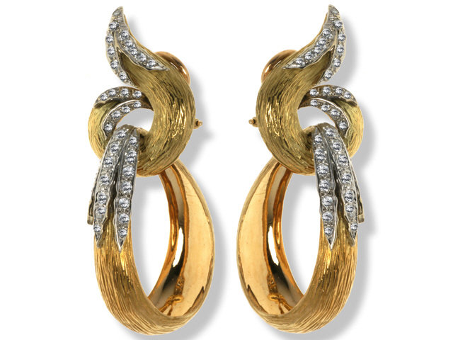 18K Yellow Gold Diamond Long Hoop Earrings