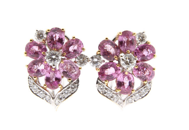 18K White Gold Pink Sapphire and Diamond Flower Earrin