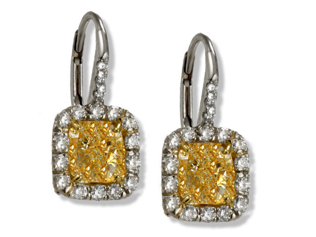 Platinum 18K Yellow Gold Diamond Dangle Earrings