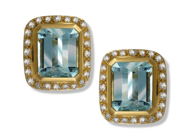 18K Yellow Gold Aquamarine and Diamond Earrings