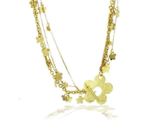 18k y/g mixed links flower long necklace w/charms