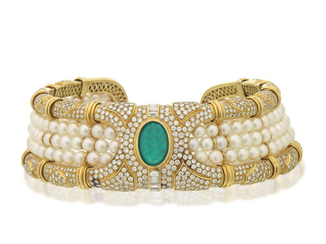18K y/g emerald, Pearl & diamond choker Necklace