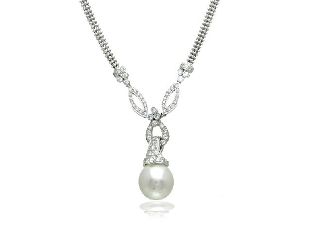 18K WHITE GOLD DIAMOND SS PEARL NECKLACE