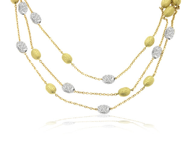 18K Y/G MULTI-STRAND PAVE DIAMOND BEAN NECKLACE