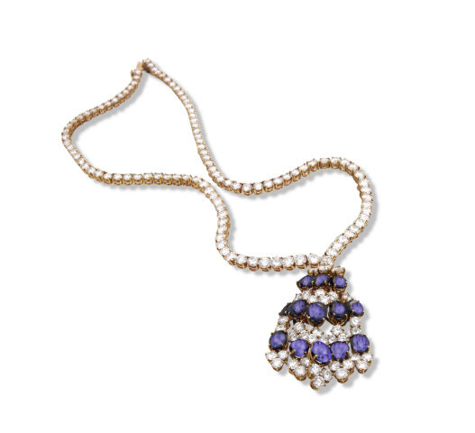 18K Y/G VCA DIAMOND & SAPPHIRE PRONG SET NECKLACE