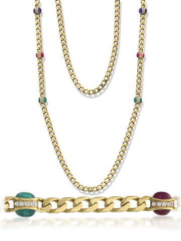 18K Y/G RUBY, EMERALD, SAPPHIRE, DIAMOND NECKLACE