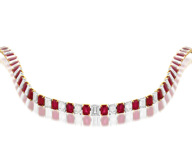 PLATINUM & 18K Y/G EM CUT DIAMOND & RUBY NECKLACE