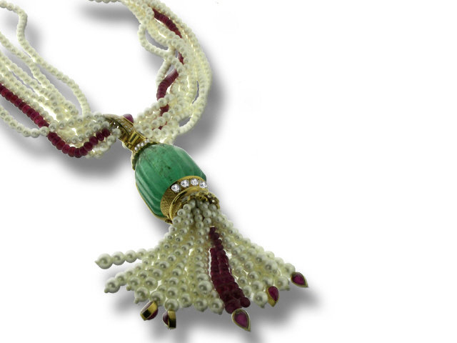 18K Y/G RUBY, DIAMOND, EMERALD & PEARL NECKLACE