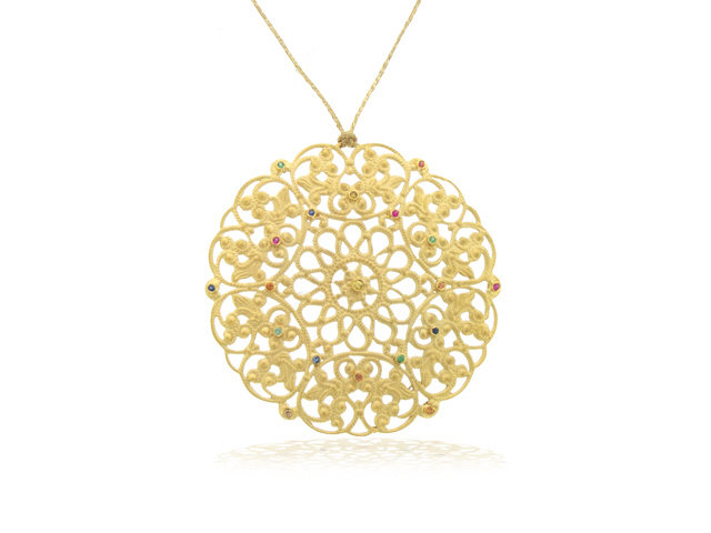 14K Y/G MEDALLION NECKLACE WITH COLOR STONES 0.80CTS