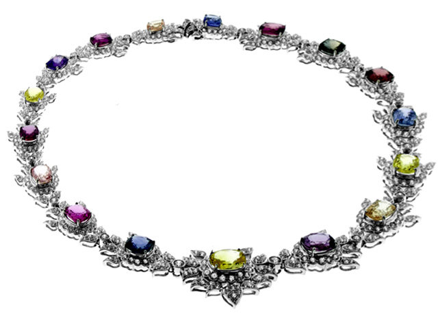 18K White Gold Multi Color Sapphire Diamond Necklace