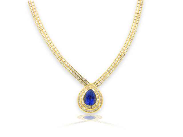 18K Yellow Gold Blue Sapphire and Diamond Necklace