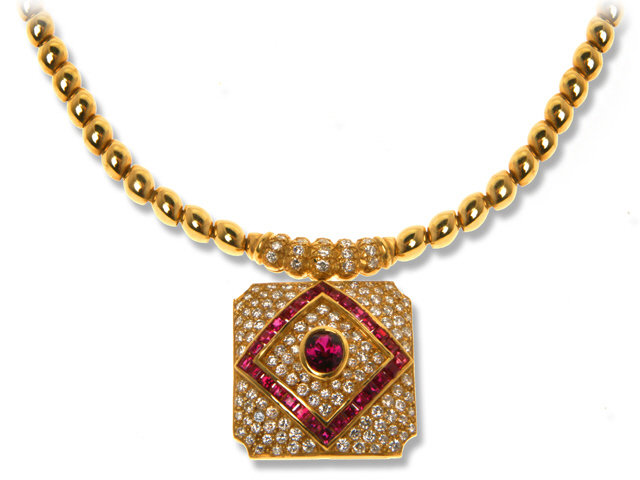 18K Yellow Gold Ruby and Diamond Necklace