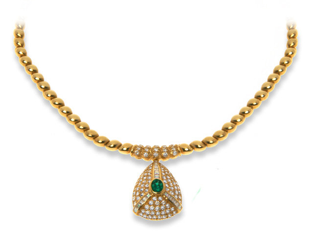 18K Yellow Gold Emerald and Diamond Necklace