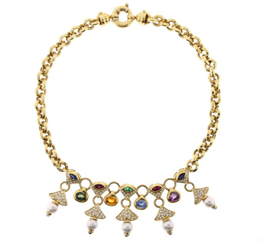 18K Y/G Ruby Sapphire Emerald and Pearl Diamond Neckla