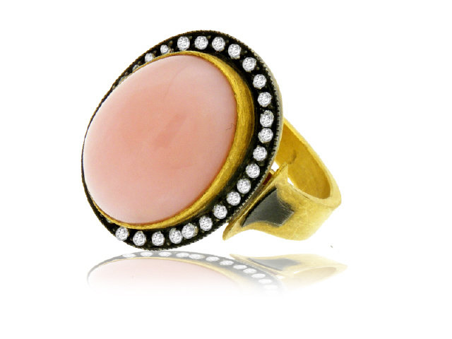 24K Y/G DIAMOND & PINK OPAL RING