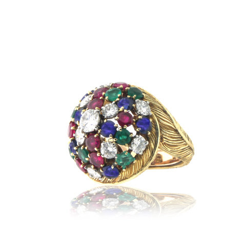 18K Y/G CARTIER RUBY, EM, SAP, DIA DOME RING