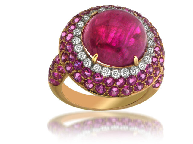 18K Y/G Burma Cabochon Ruby No Heat, Sapphire and Diamond Ring