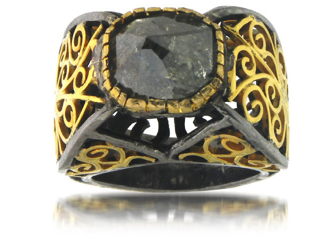 18K Y/G & BLACKENED SILVER BLACK DIAMOND RING