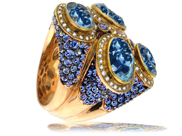 18K R/G DIAMOND, BLUE SAP, AND BLUE TOPAZ RING