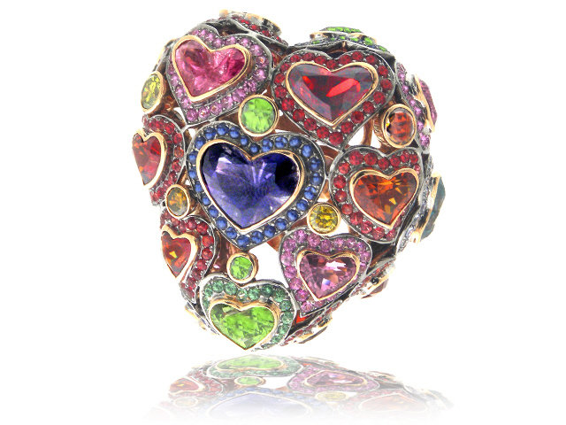 18K R/G DIAMOND & COLOR STONE HEART RING