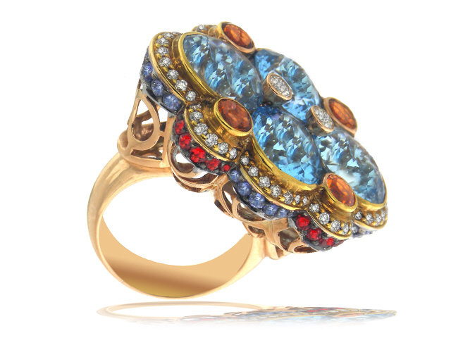 18K R/G DIAMOND & COLOR STONE RING