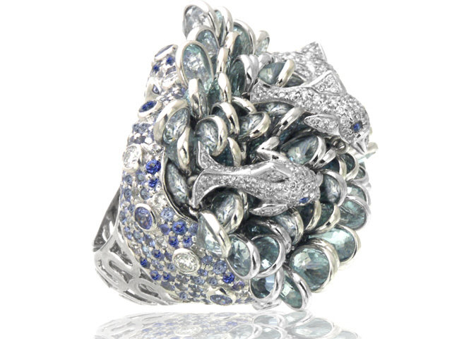 18K W/G DIAMOND & COLOR STONE SWIMMING DOLPHIN RING