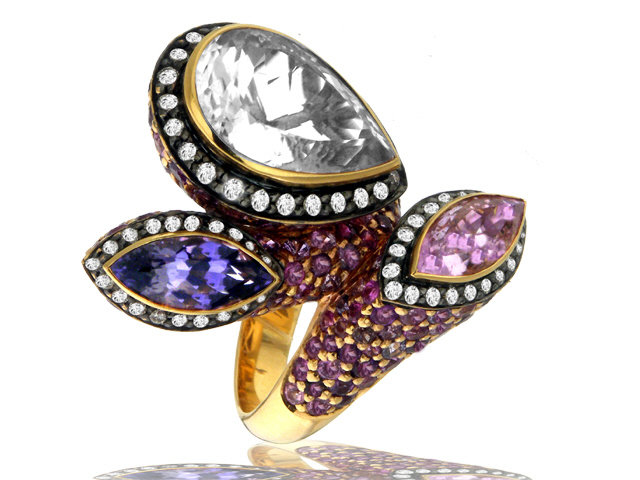 18K R/G DIAMOND & COLOR STONE RING