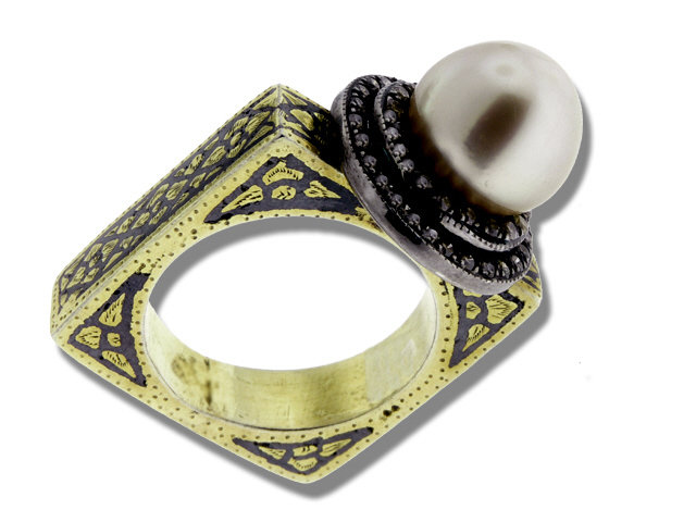 24K Y/G & SILVER SOUTH SEA GOLDEN PEARL DIAMOND RING