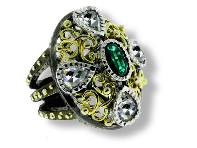 18K Yellow Gold Emerald and Diamond Ring