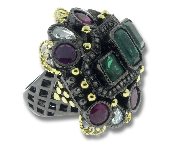 18K Yellow Gold Emerald, Ruby and Diamond Ring