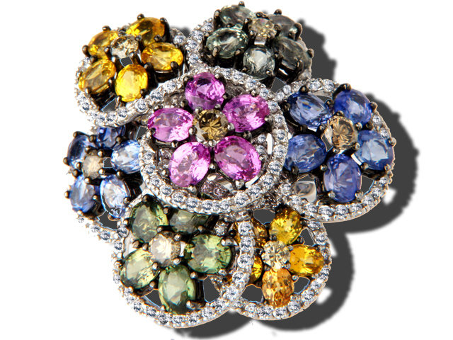 18K White Gold Multi Color Sapphire and Diamond Ring