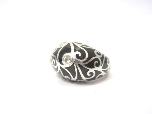 Sterling Silver Black Enamel and C.Z. Diamond Ring